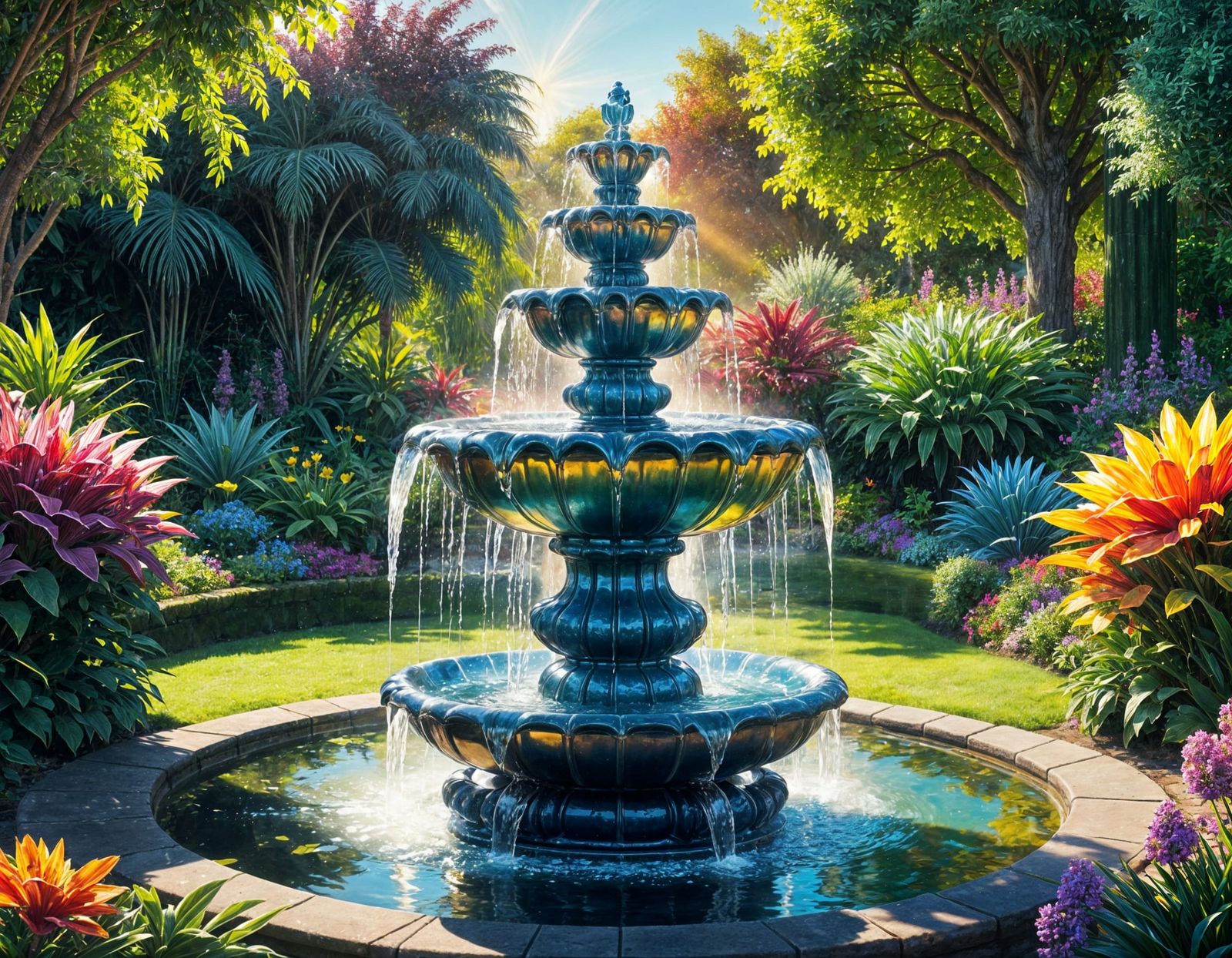 Crystal Fountain in a Sunny Flower Garden