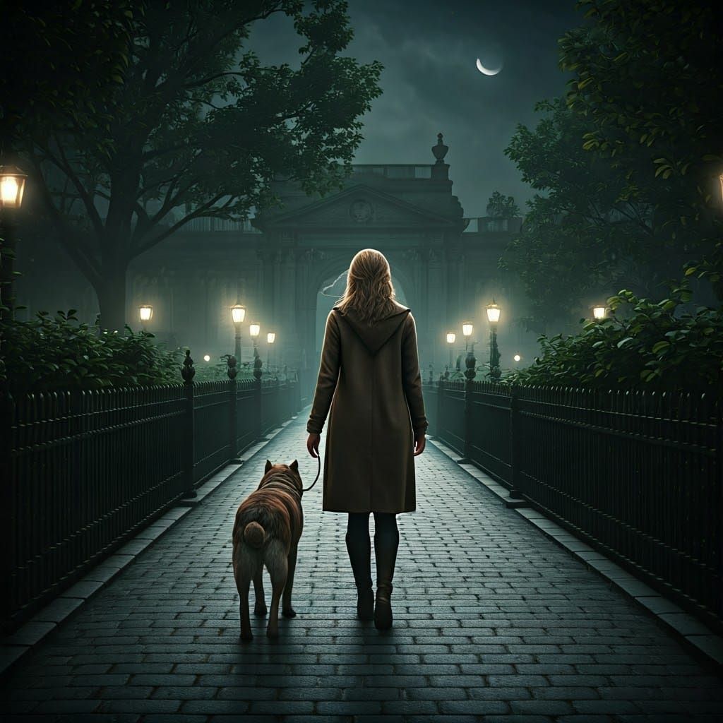 Woman and Dog in a Dimly Lit Park at Night