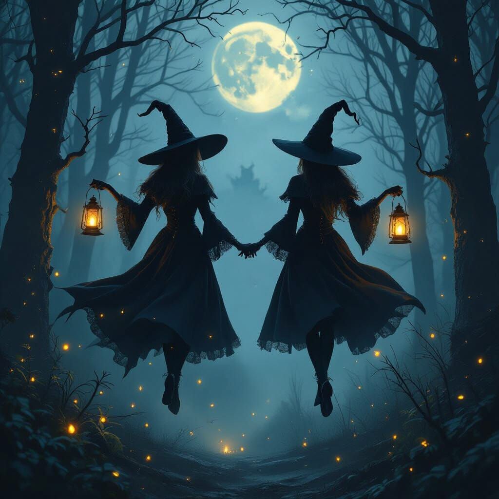 Automaton Witches Soar Through Moonlit Forest