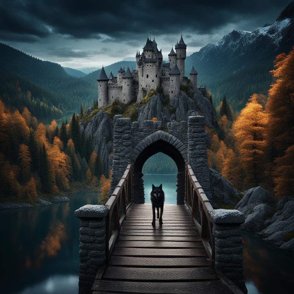 Medieval Castle with Wolf on Stone Bridge