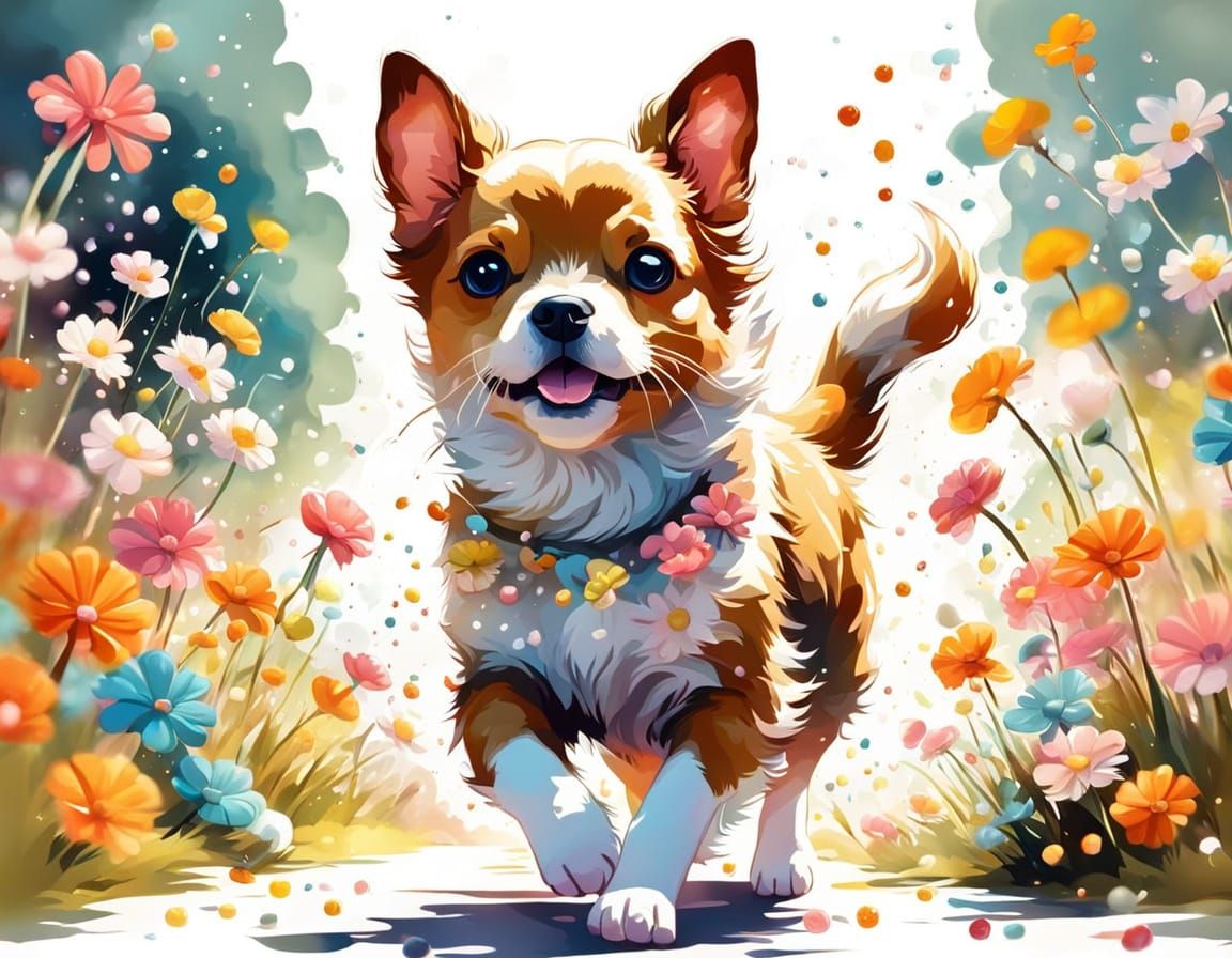 Dog Runs Through Flower Field in Candy Art Style