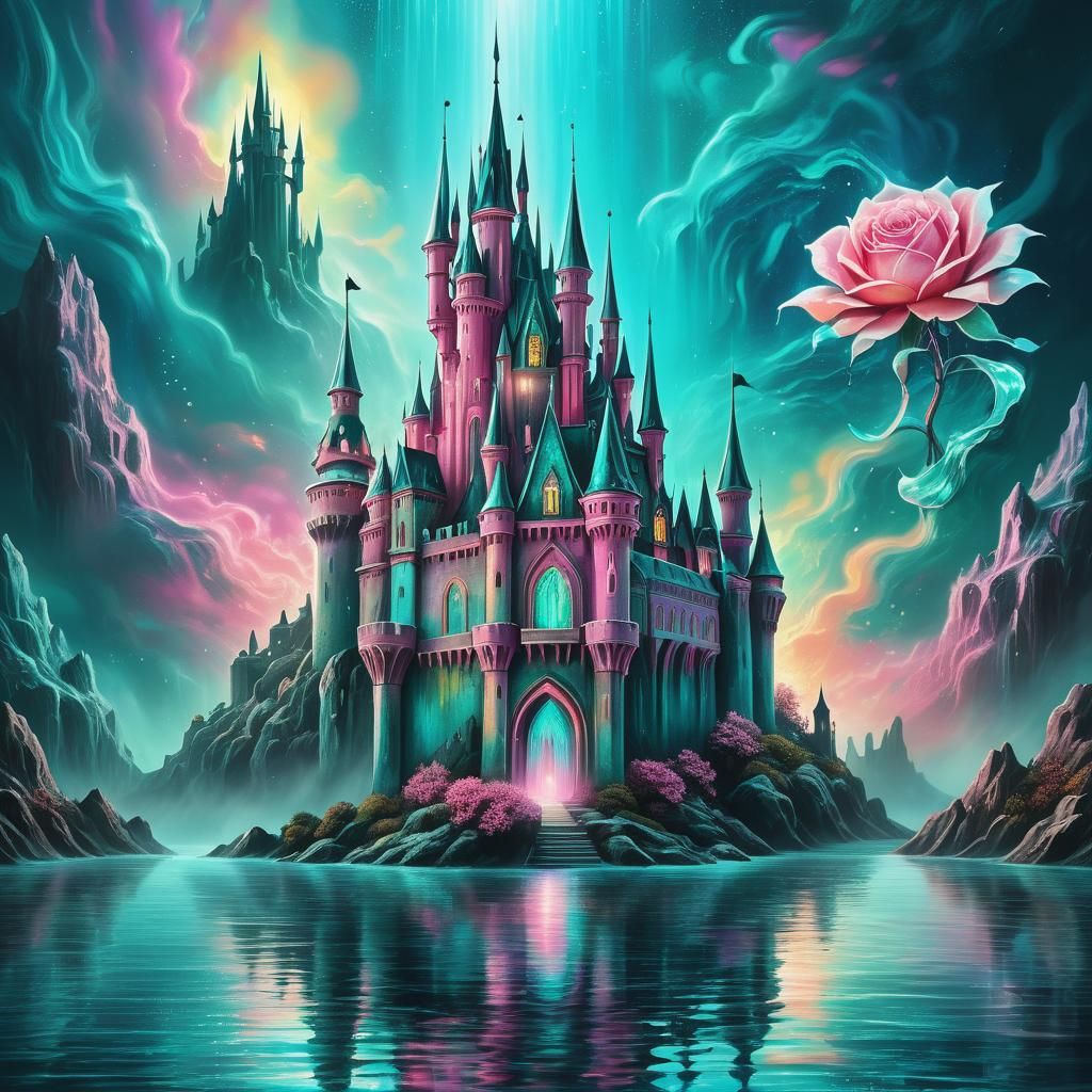 Teal and Rose Castle with Water Monster