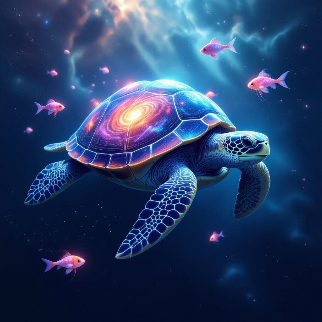 Cosmic Space Turtle With Galaxy Shell Drifting Through Void