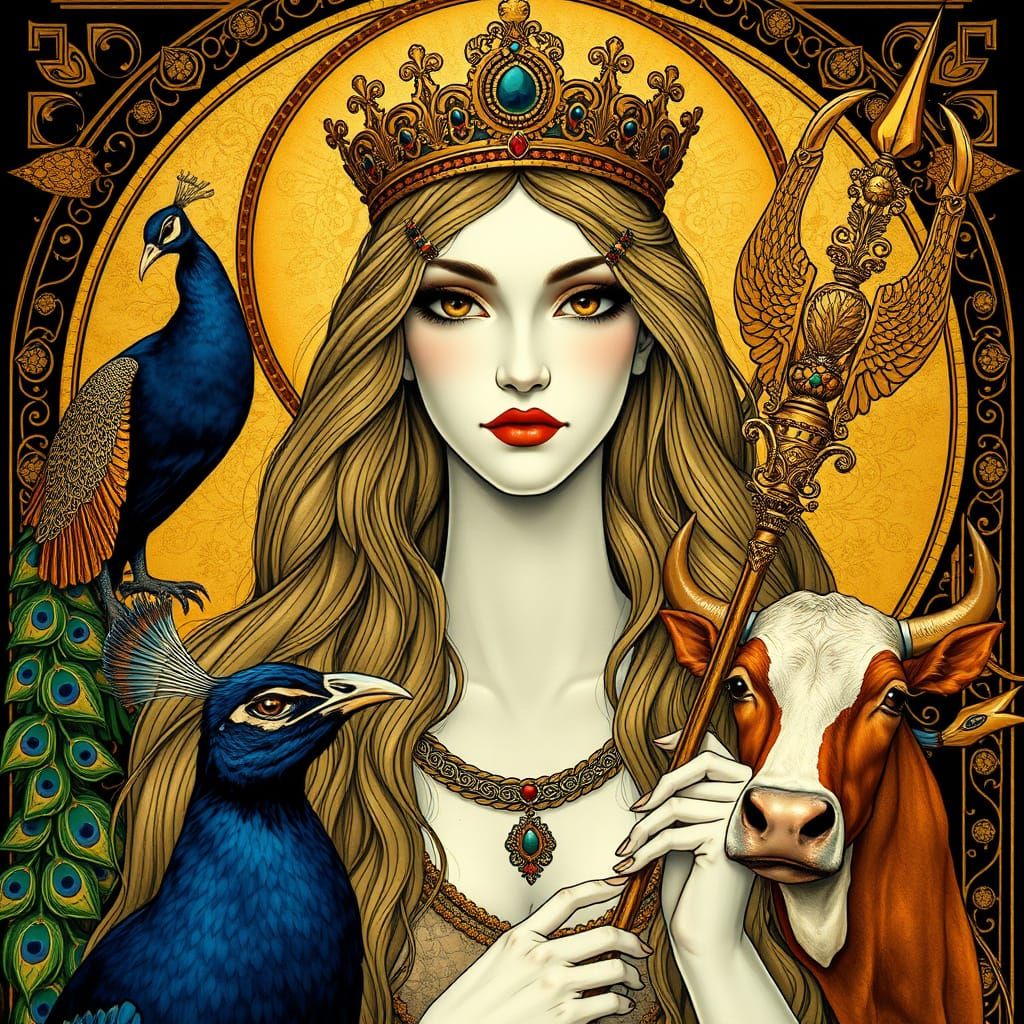 Hera in Art Nouveau Style with Peacock