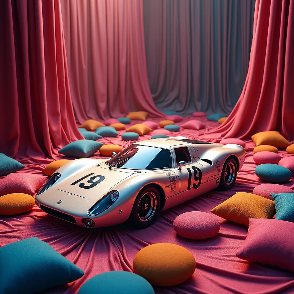 Surreal NASCAR Speedster with Pillows and Curtains