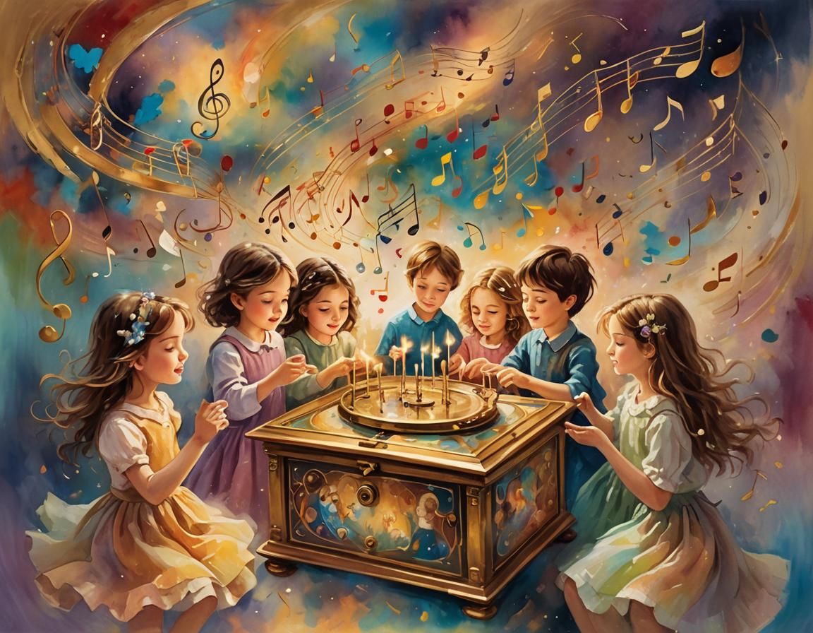Whimsical Abstract Art: Children and Music Box