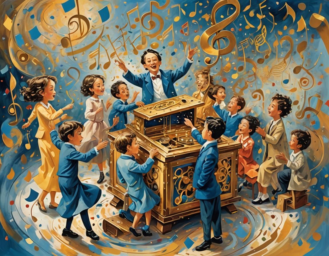 Children, Music Box, Confetti Notes in Abstract Style
