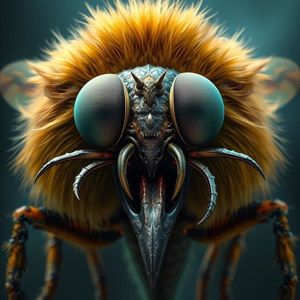 Majestic Lion-Scorpion Fly Hybrid in Biomechanical Art Style