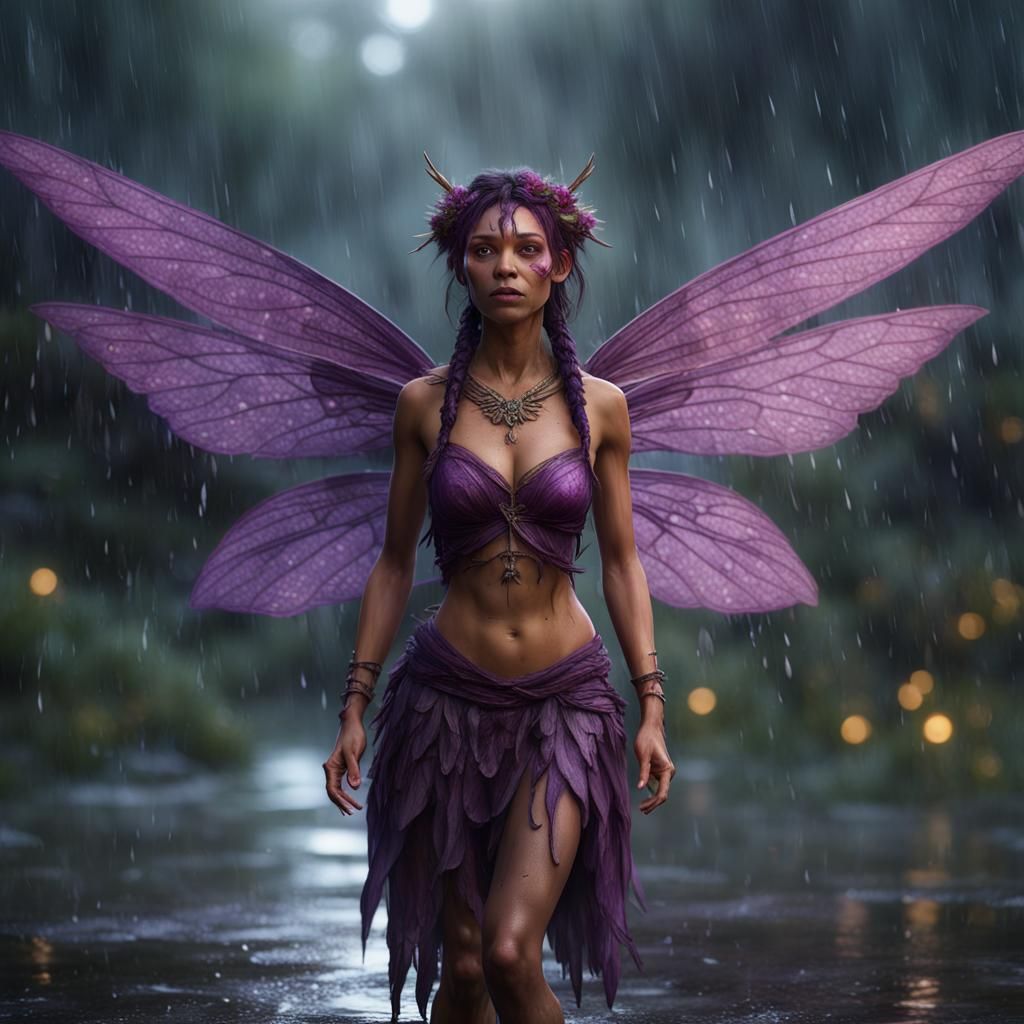 Hyperrealistic Amerindian Fairy in Rain with Wings