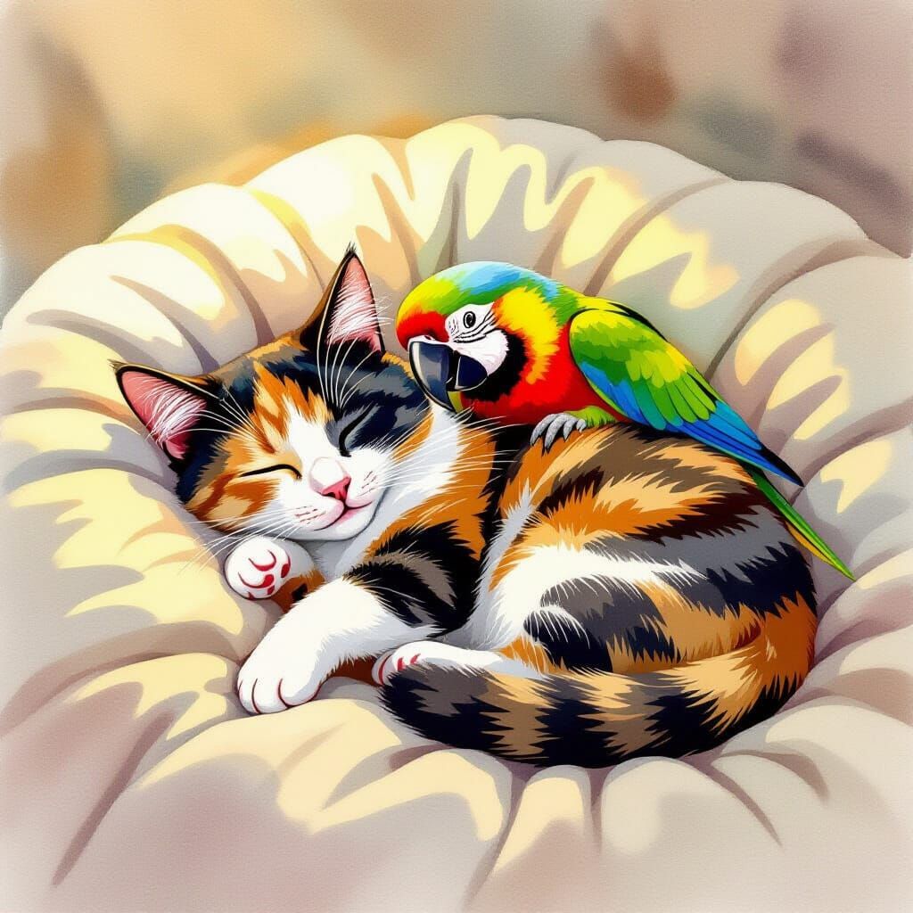 Tortie Cat & Parrot Cuddle in Watercolor Style