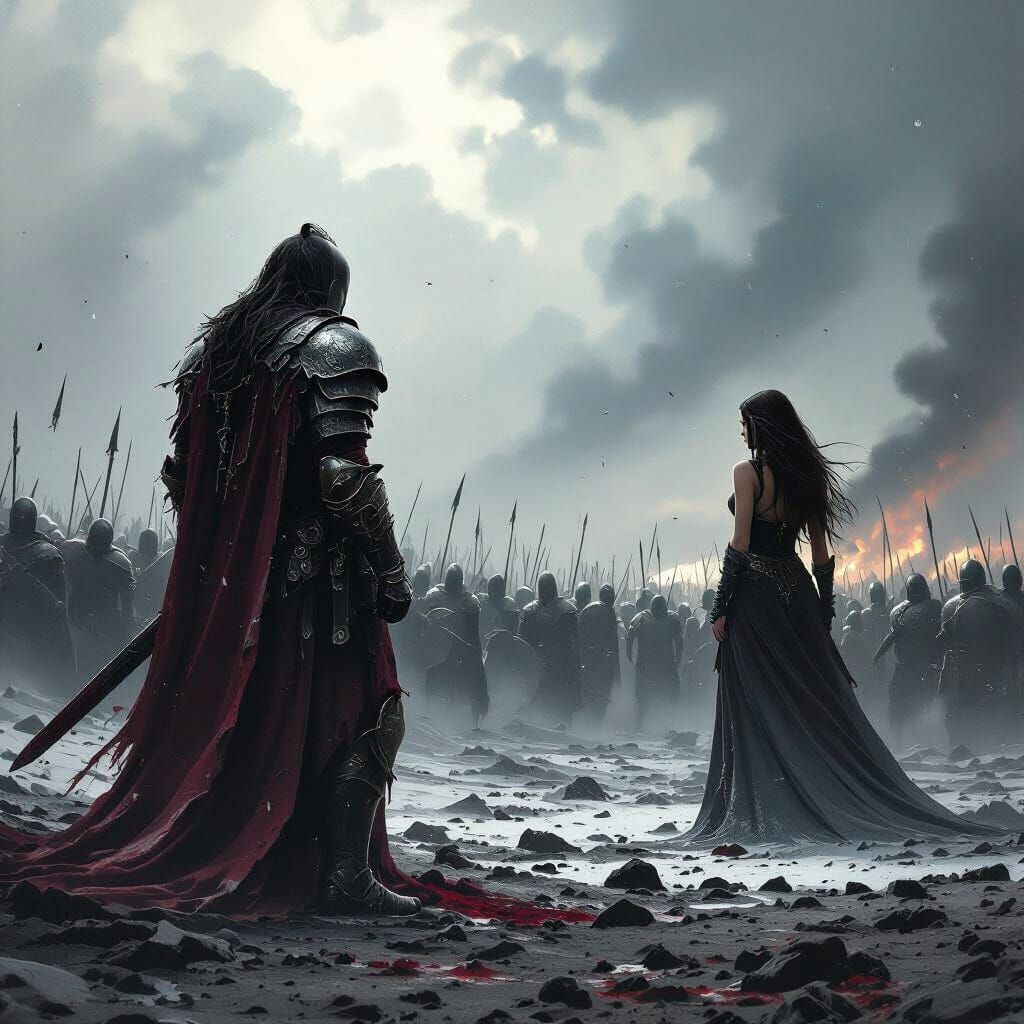 Warrior Faces Army as Woman Turns Away: Dark Fantasy Art