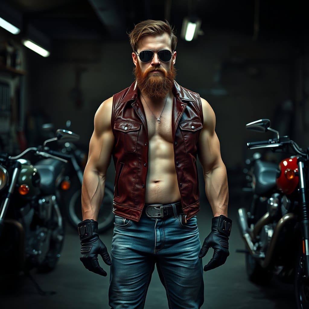 Tough Biker in Dimly Lit Garage