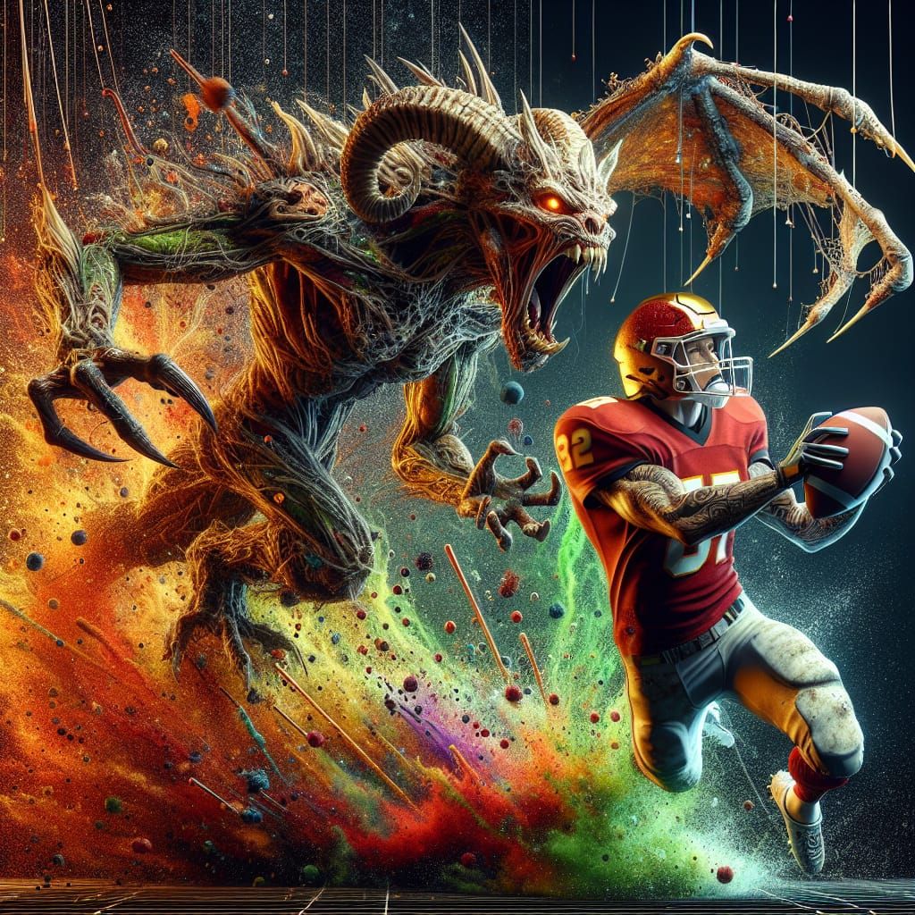 Football Player Scores Over Monster in Art Nouveau Style