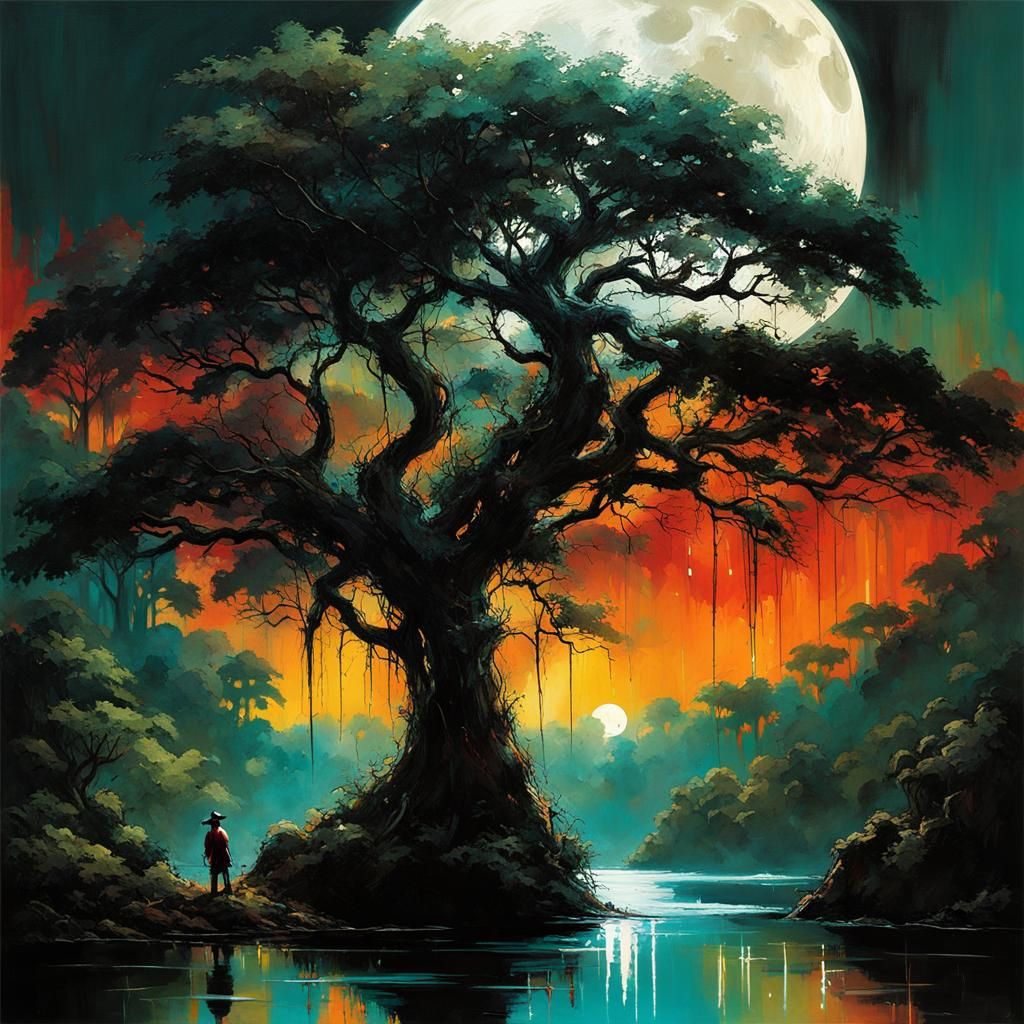 Moonlit Rainforest Scene in Mixed-Media Style