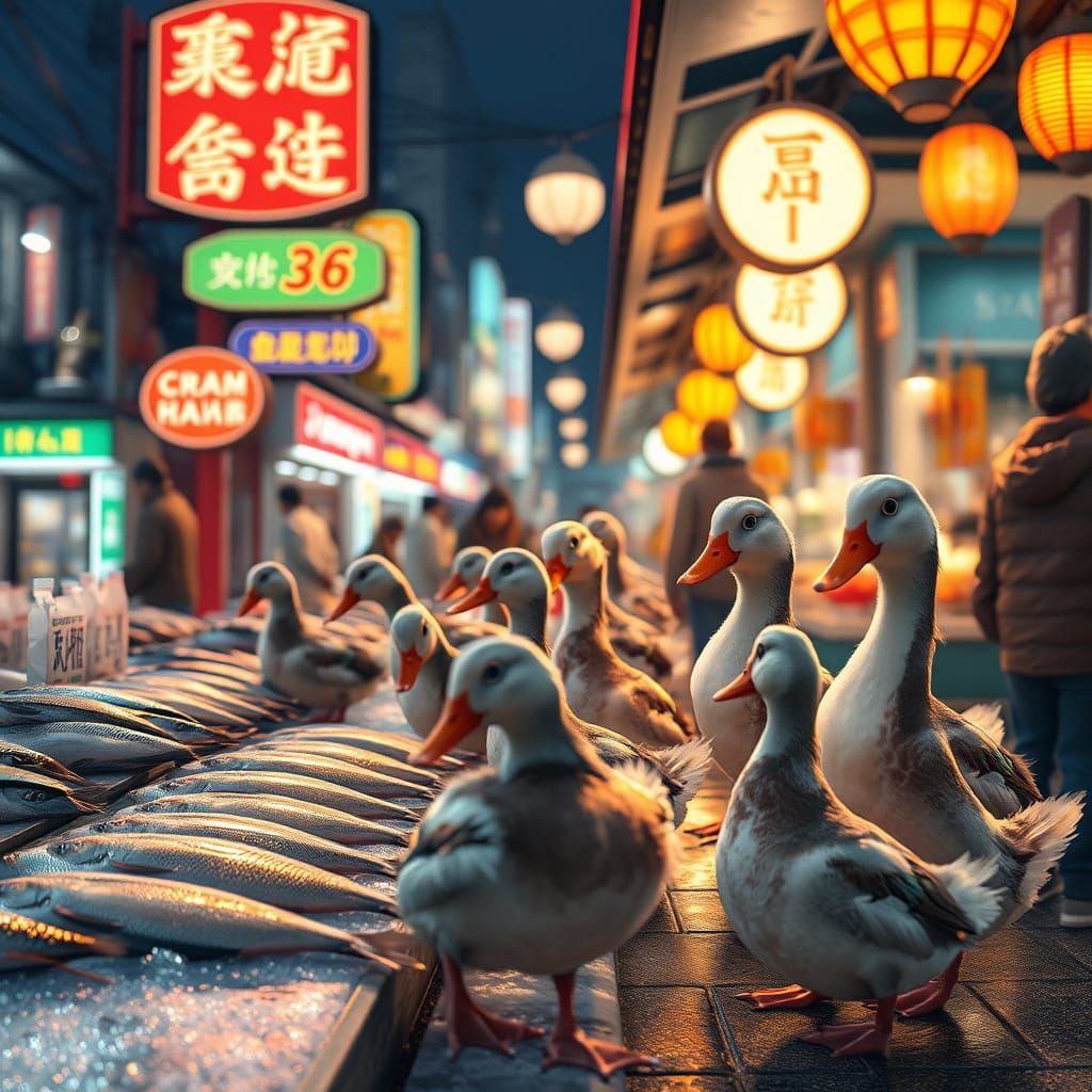 Ducks Thrive in a Vibrant Nighttime Market Scene