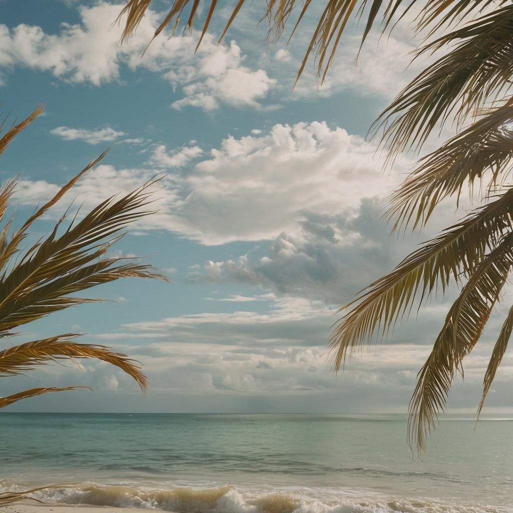 Sunny Beach with Palm Trees: Cinematic Film Still