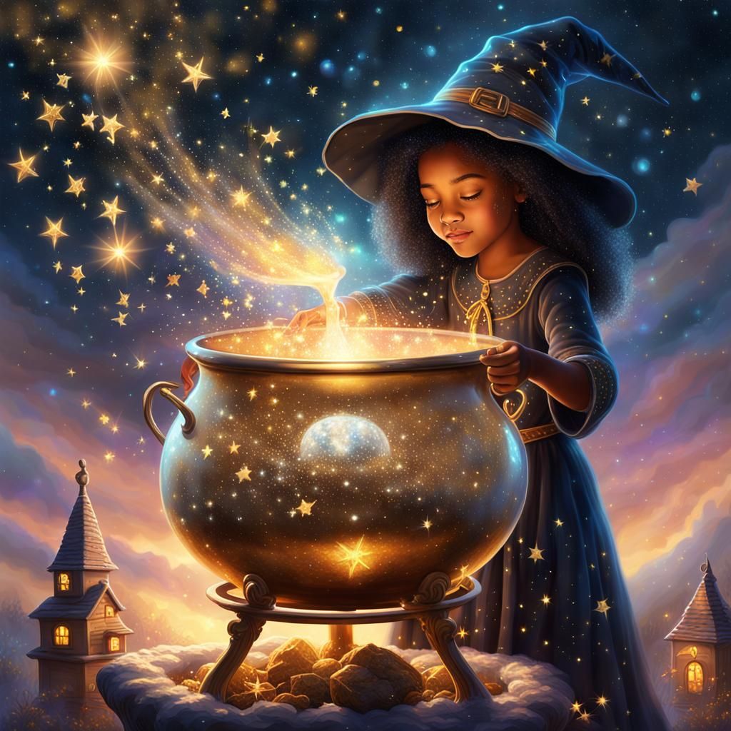 Child Witch Pours Stars: Ethereal Cosmos Illustration