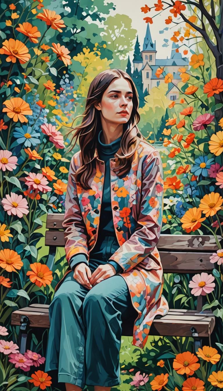 Woman in Flowery Garden: Abstract Art in Bloom