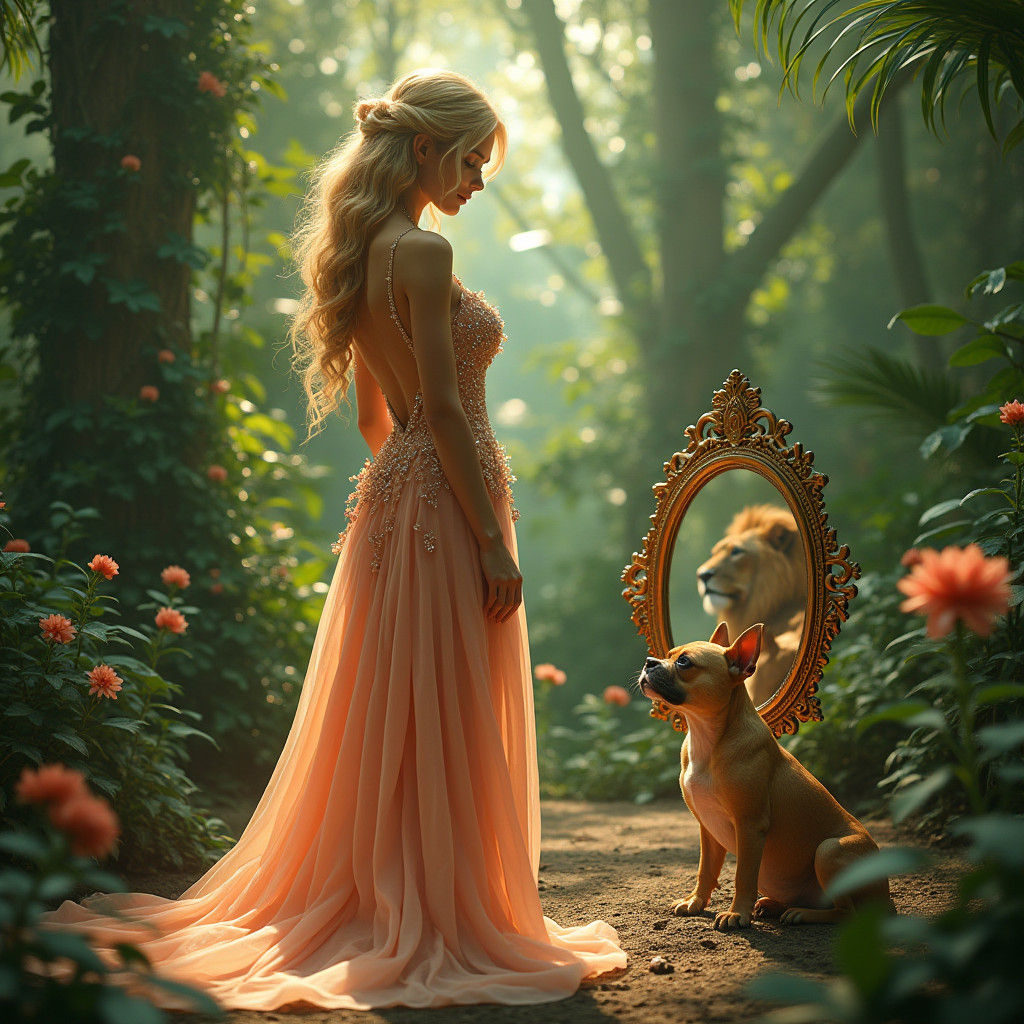 Bali Landscape with Woman, Terrier, and Lion Reflection