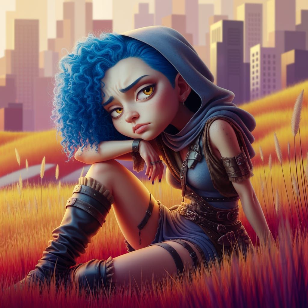 Indian ink, Urban Extreme caricature style. A beautiful woman rests peacefully in the tall grass of a vibrant open prair...