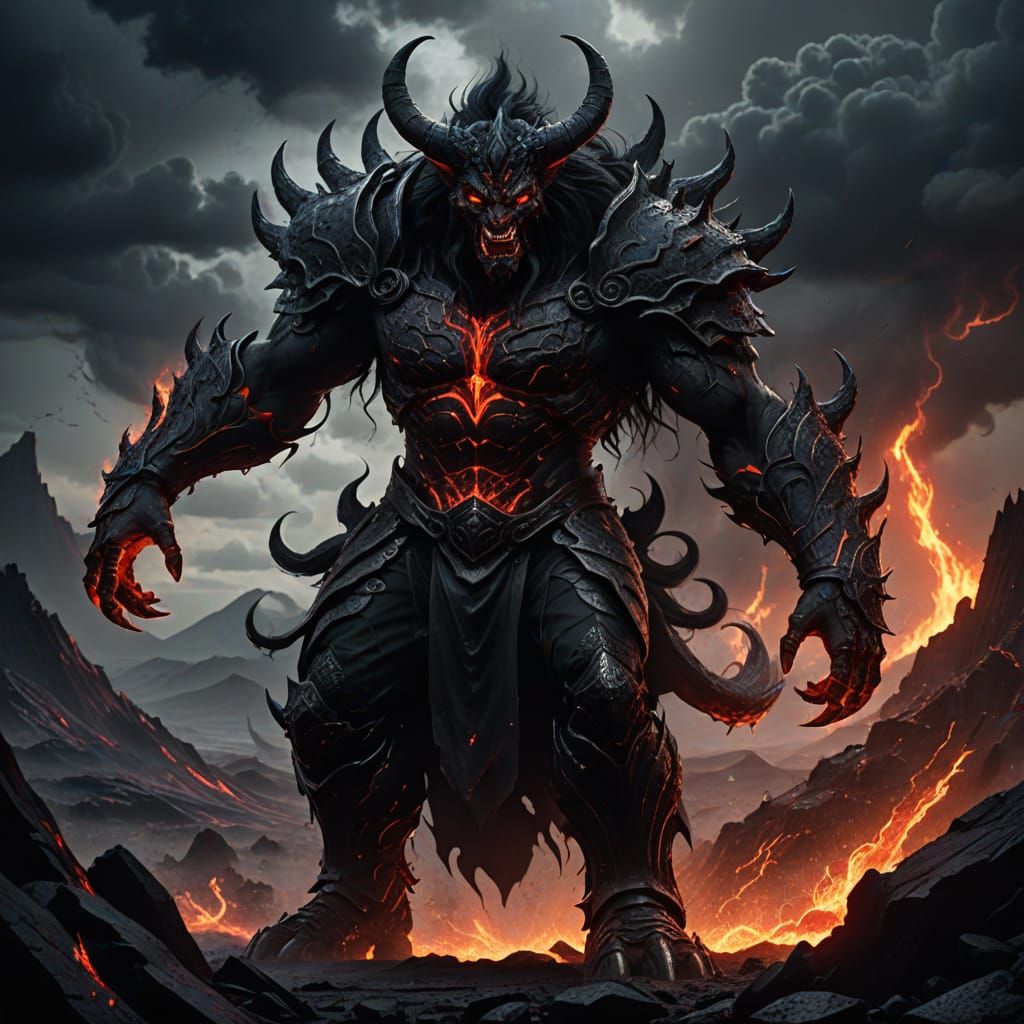 Epic Demon King in Hellish Landscape