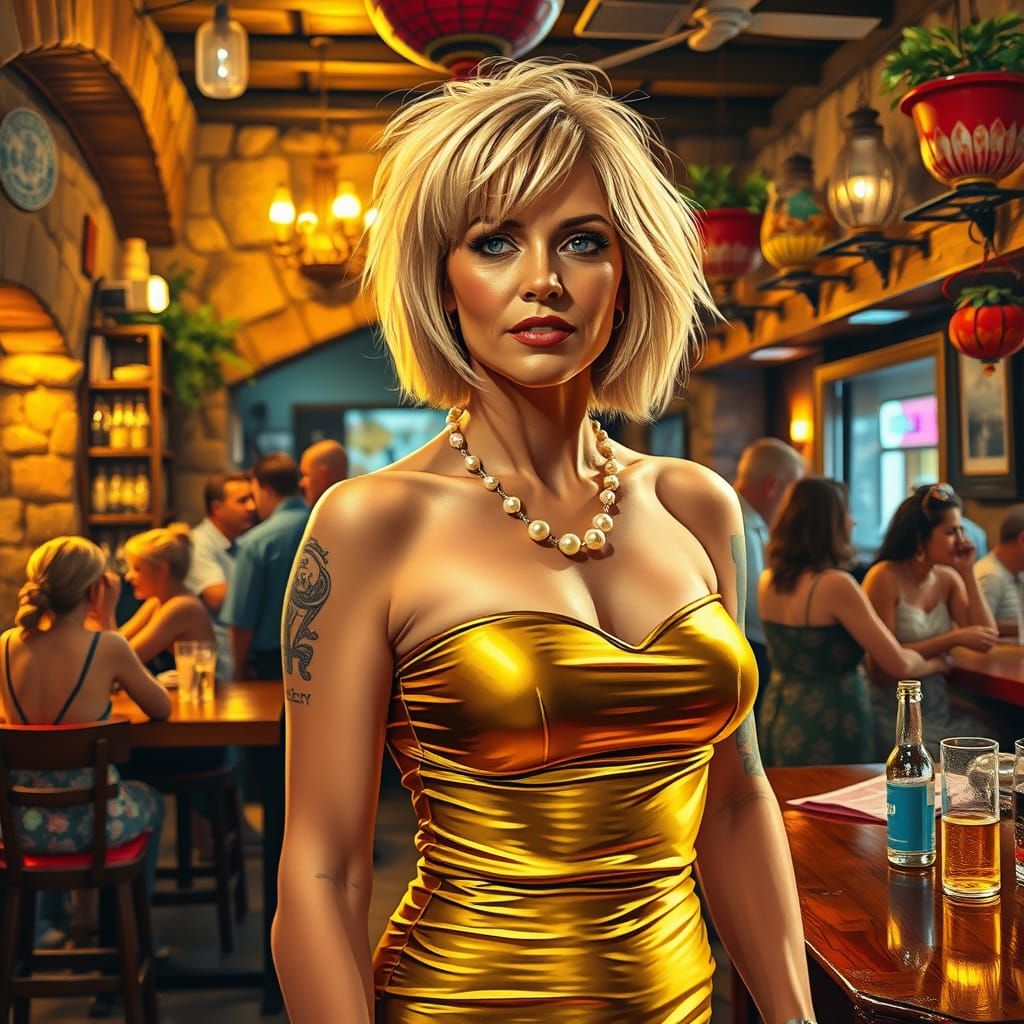 Sultry Woman in Golden Greek Tavern