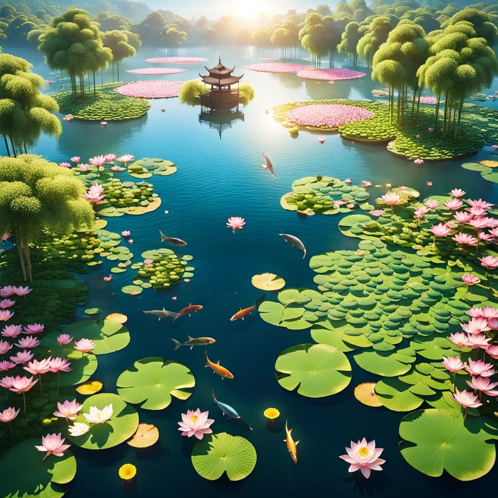 Lotus Lake with Koi Fish in Floating Forest