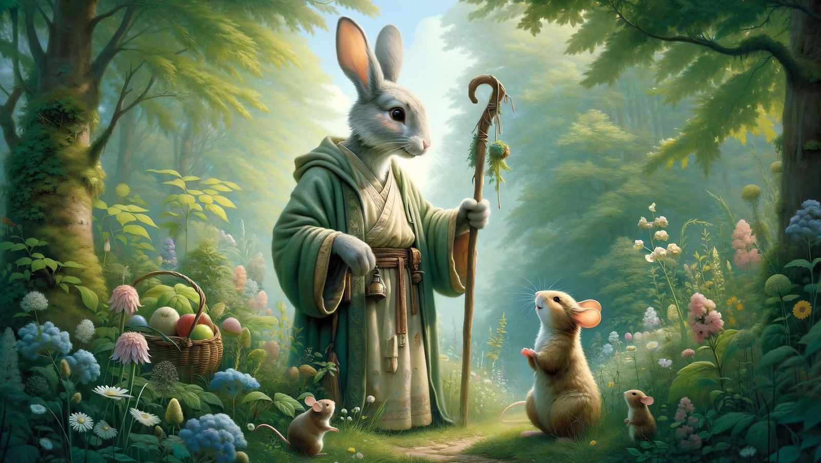 Rabbit Caretaker and Trusting Mouse in Forest