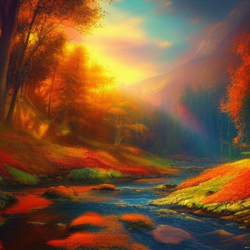 Colorful Autumn Woods with Mountain Stream Painting