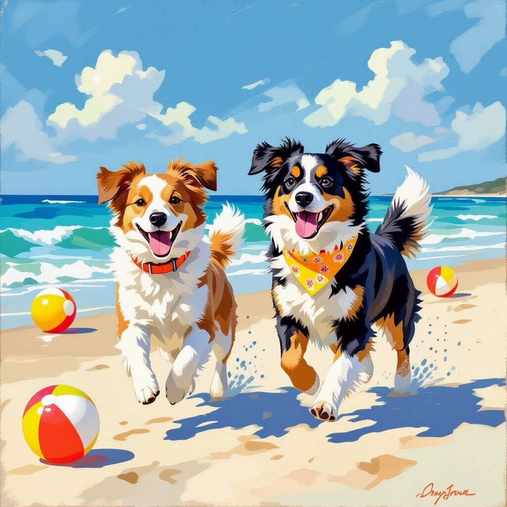 Dogs Playing on Beach in Impressionist Style
