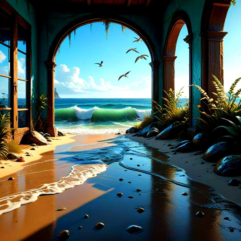 Hyper-Realistic Ocean Beach Scene in Ornate Frame, with Wate...