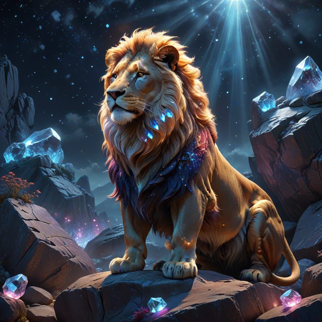 Crystal Lion in Moonlight: Digital Art Masterpiece