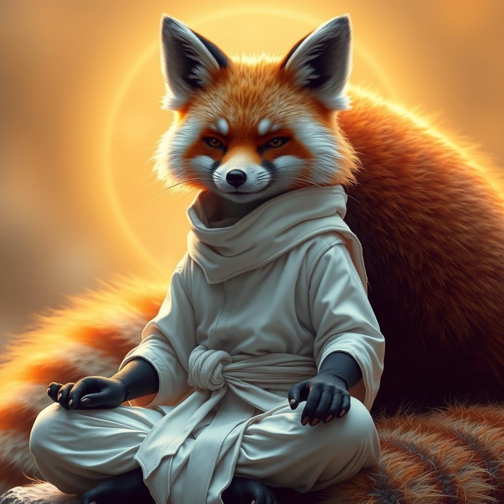 Realistic HDR Fox Meditates on Giant Red Panda