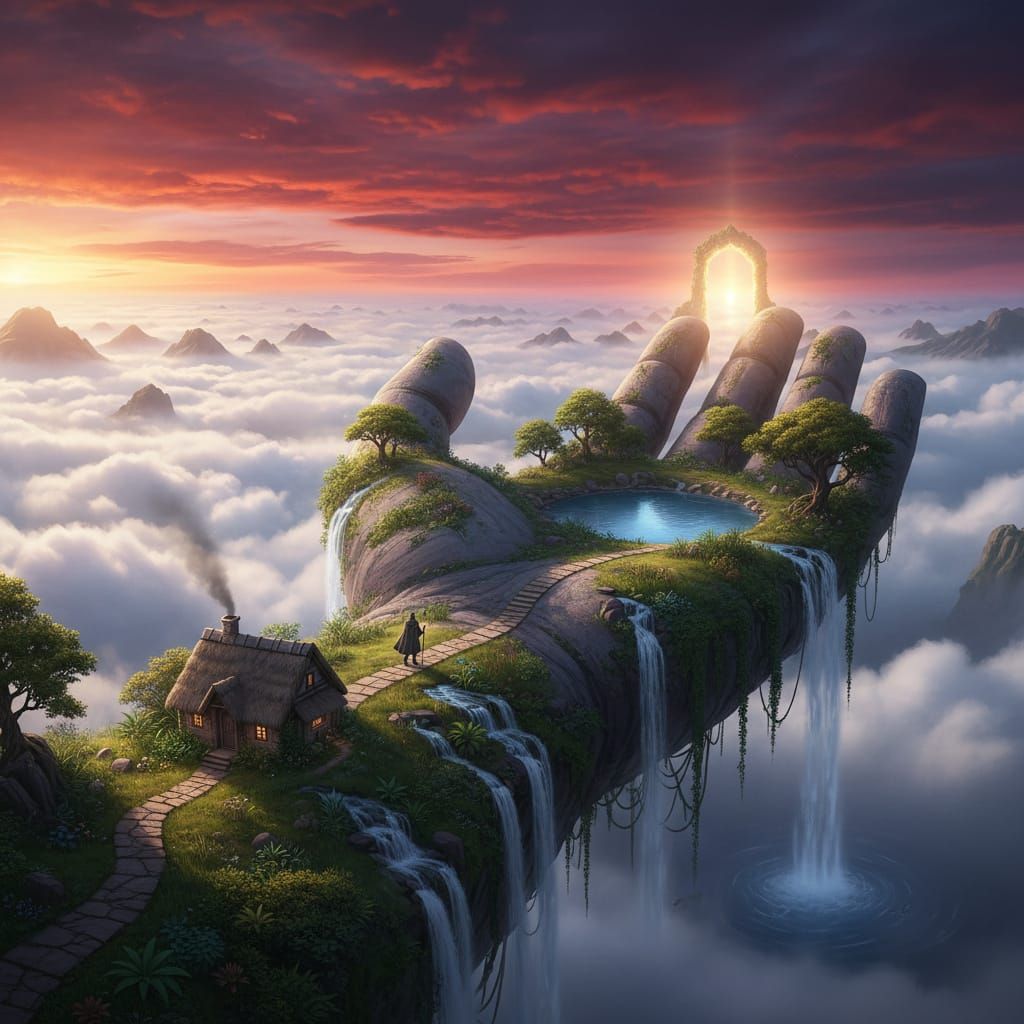 Floating Island Paradise with Stone Hand and Wanderer