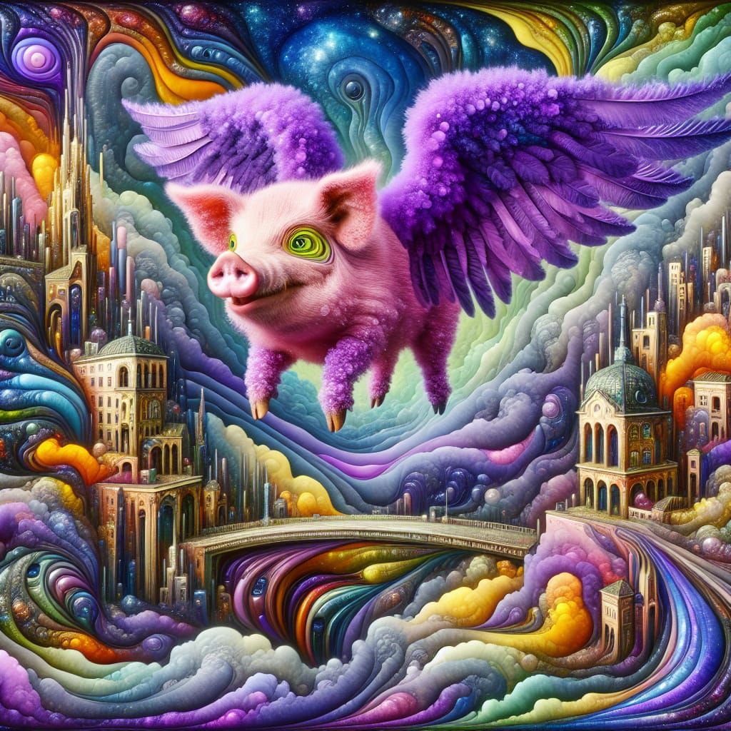 Surrealist Masterpiece: Whimsical Purple Pig Soars Over Drea...