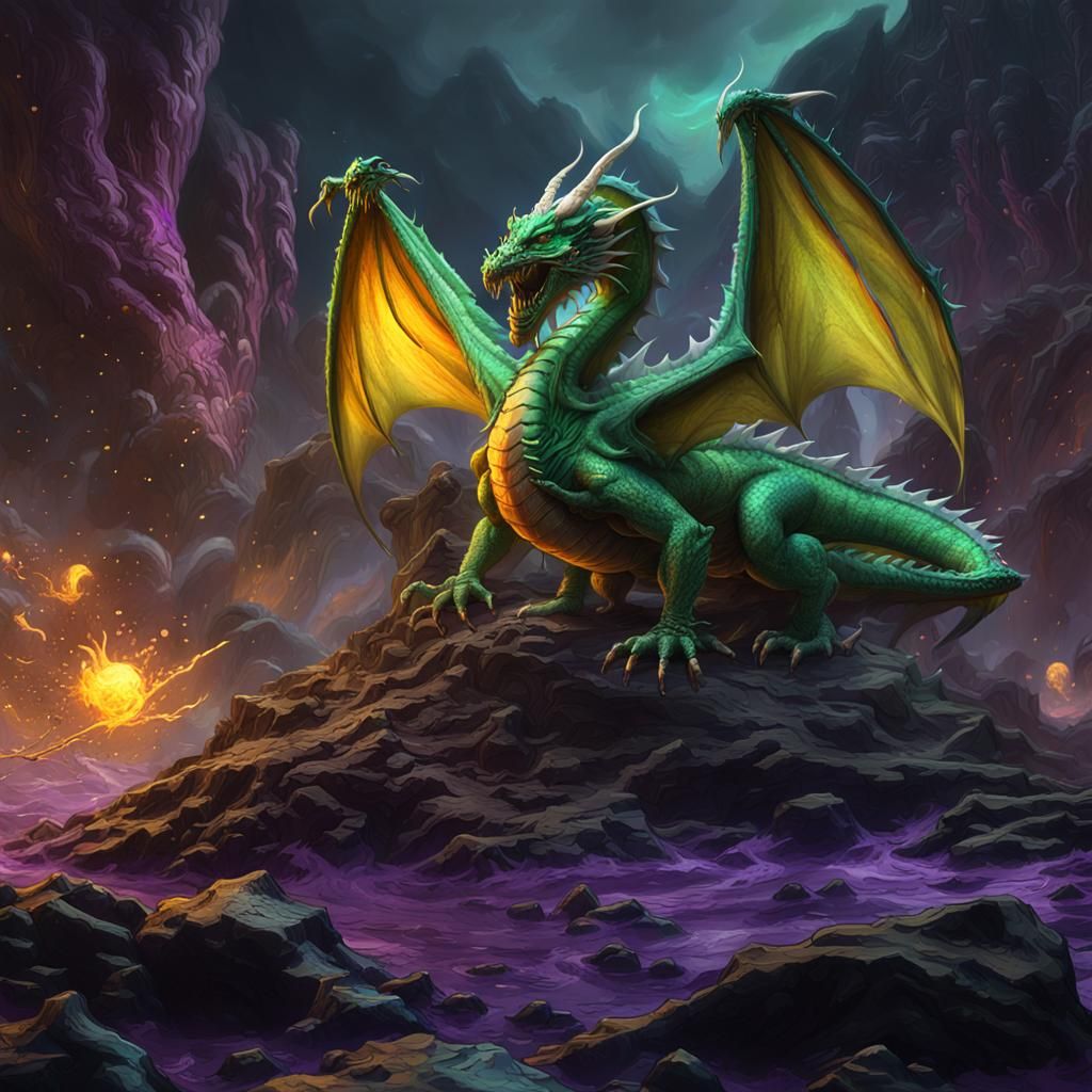 Green Dragon Melts Earth in Dark Fantasy Style
