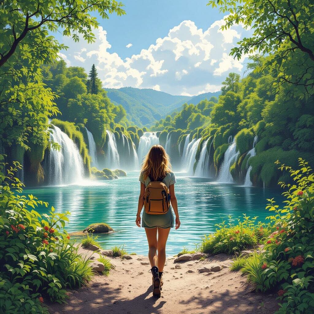 Woman Walks by Plitvice Lakes: Realistic Landscape