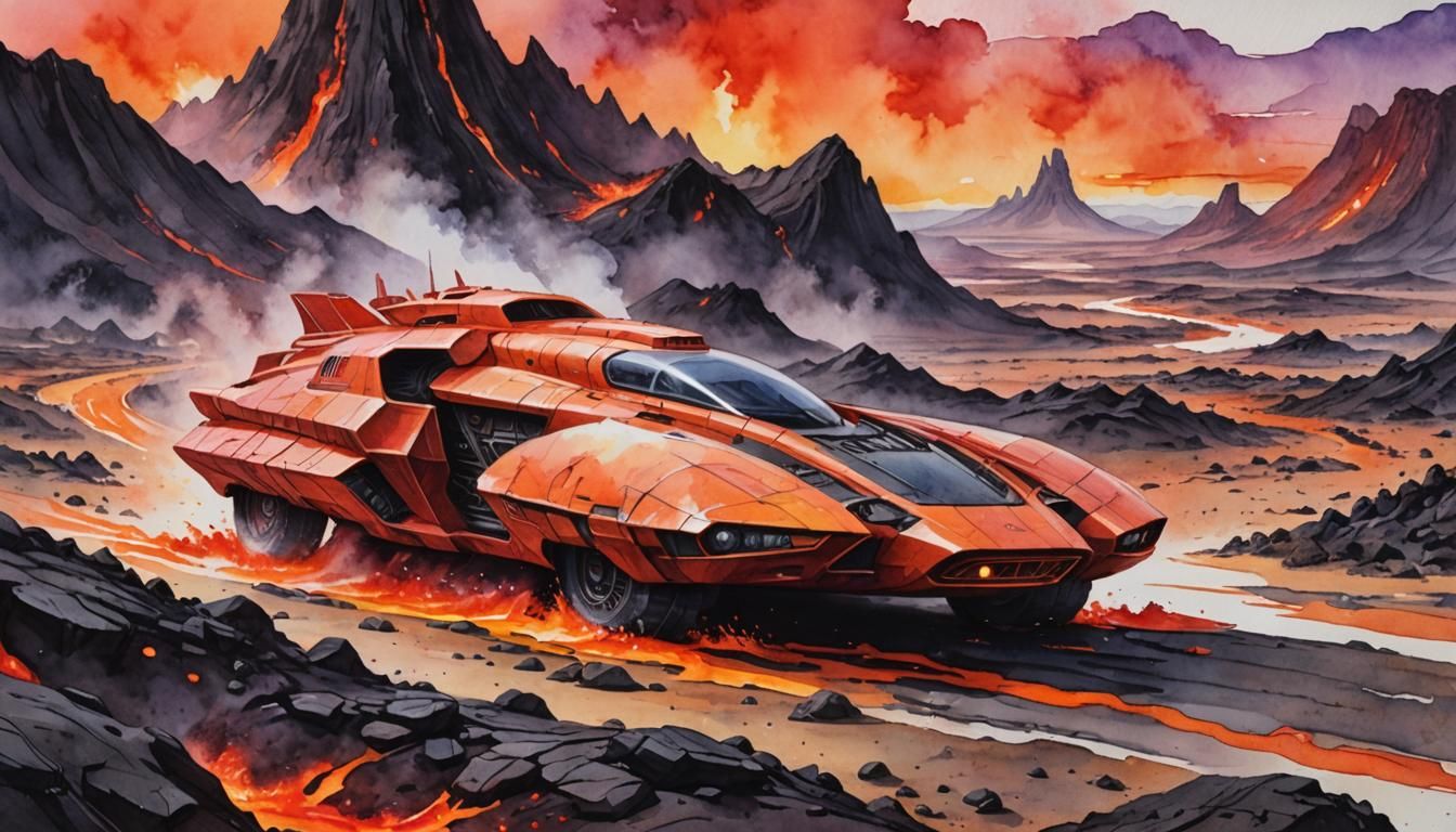 Sci-Fi Vehicle on Lava Planet in Watercolor