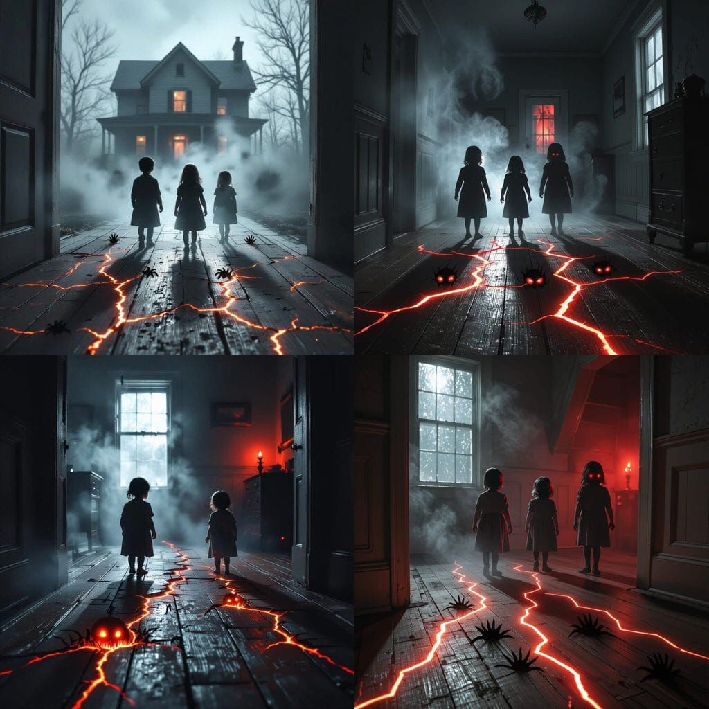 Eerie Horror Scene: Demonic Child Shadows Emerge From Glowin...