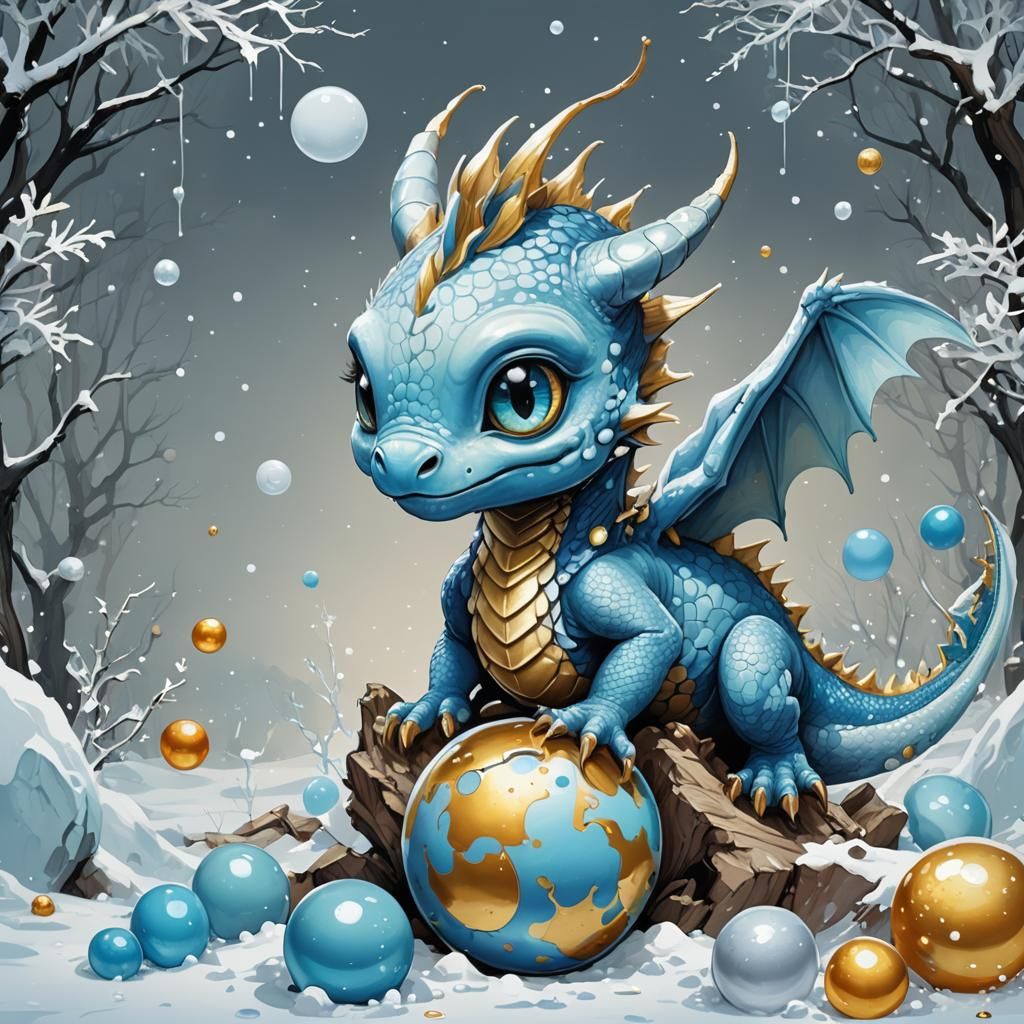 Blue baby dragon with its dragon 's egg  .