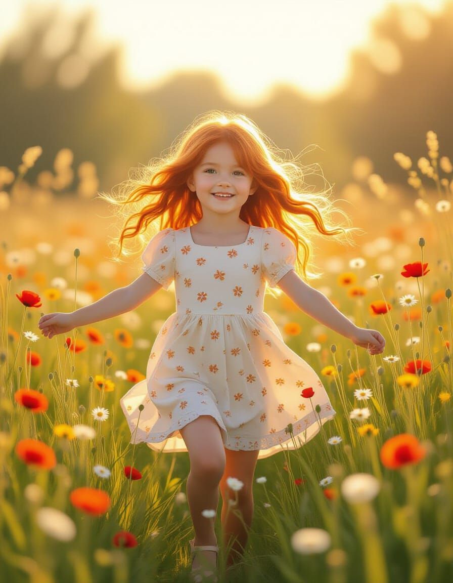 Girl Dancing in a Sunny Flower Meadow