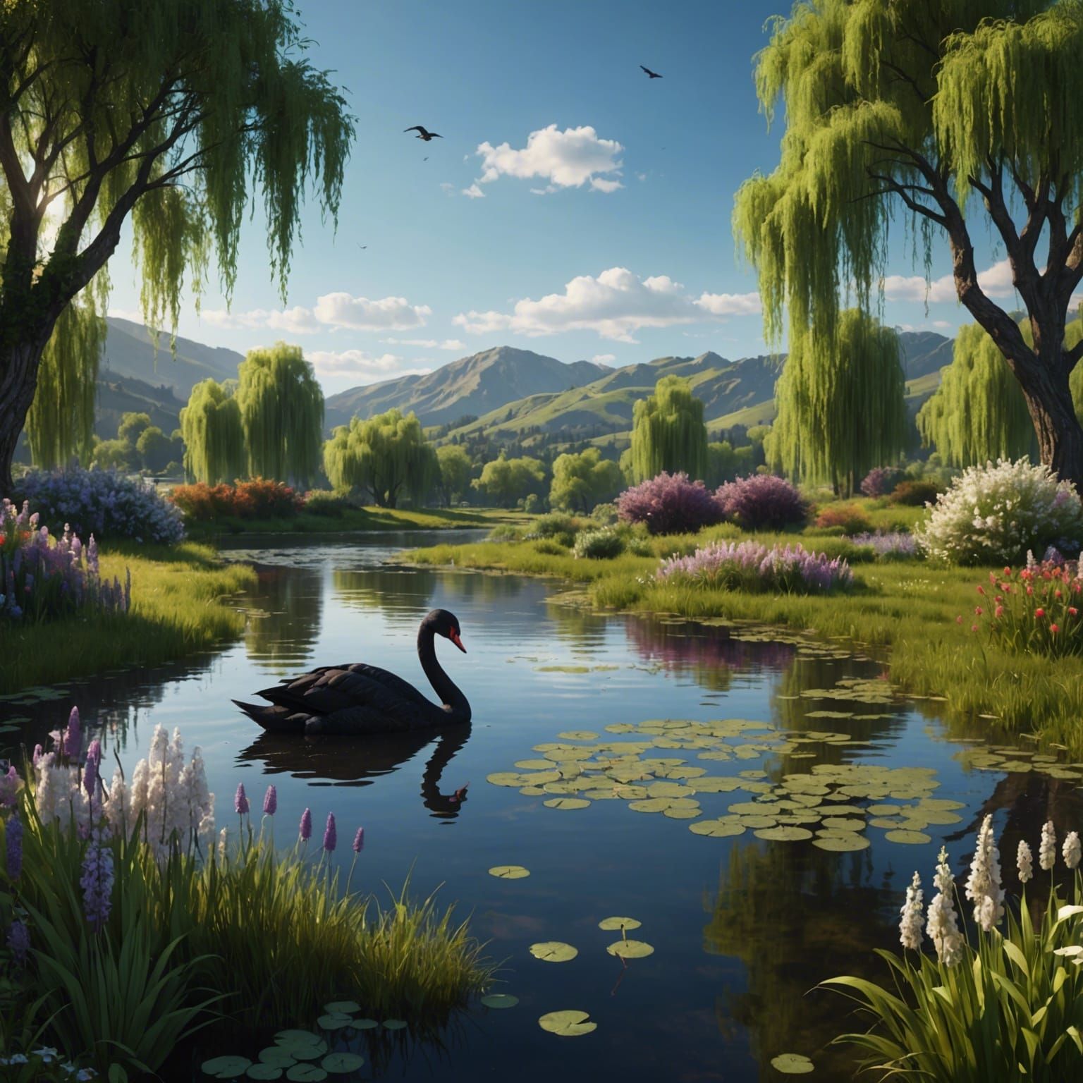 Black Swan in Pond: Fantasy Matte Painting