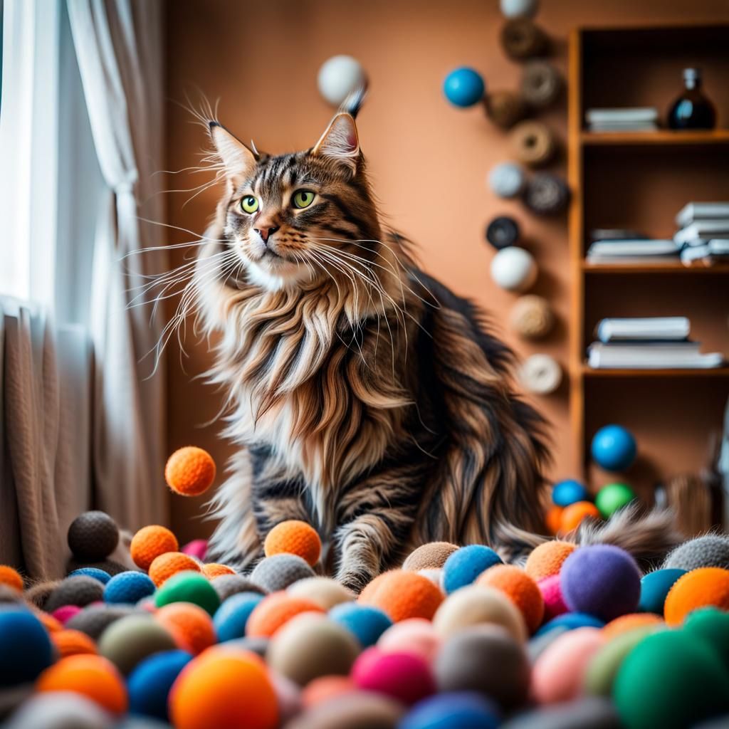 Maine Coon Cat Tangled in Yarn Balls Portrait