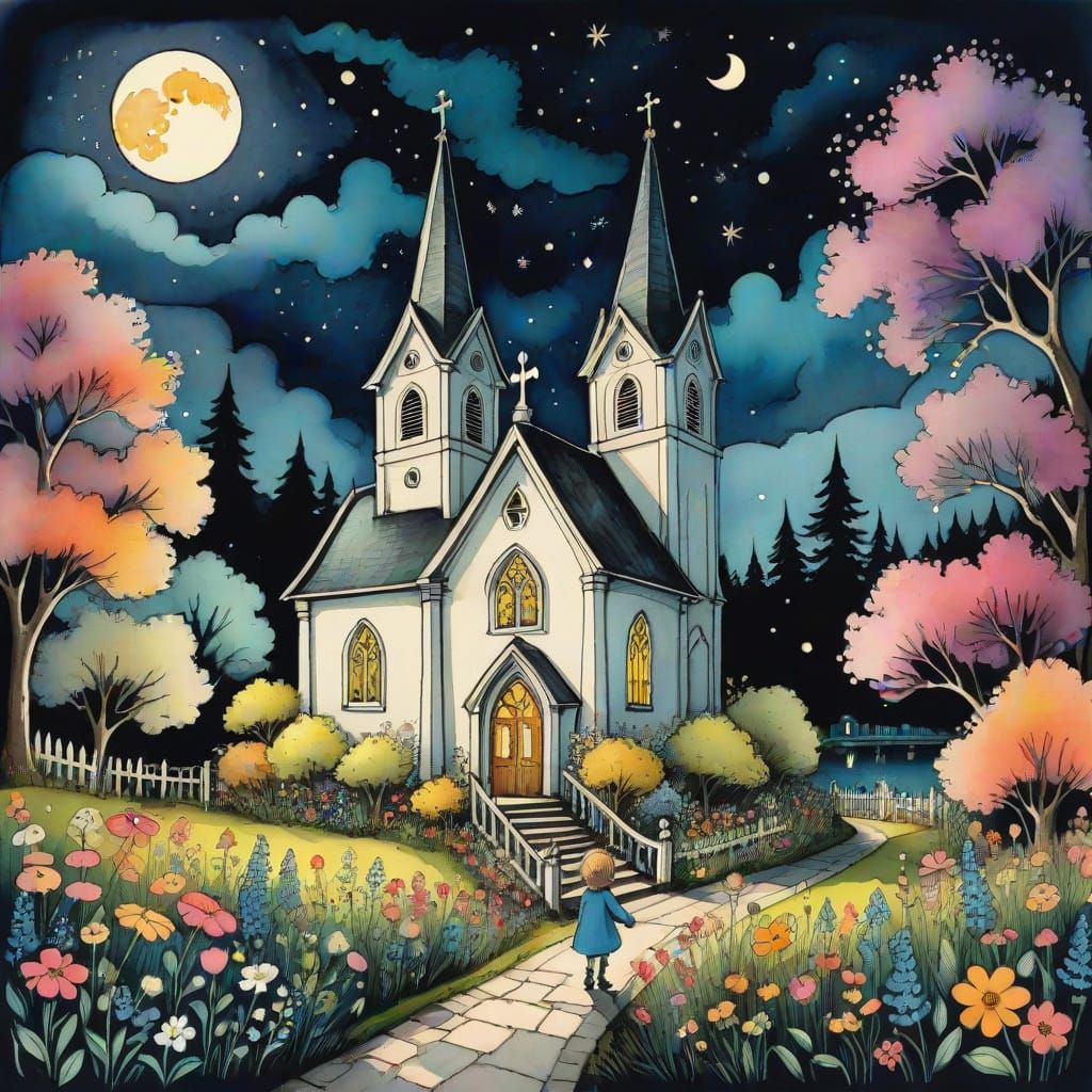 Whimsical Church at Night in Quaint Fairytale Setting
