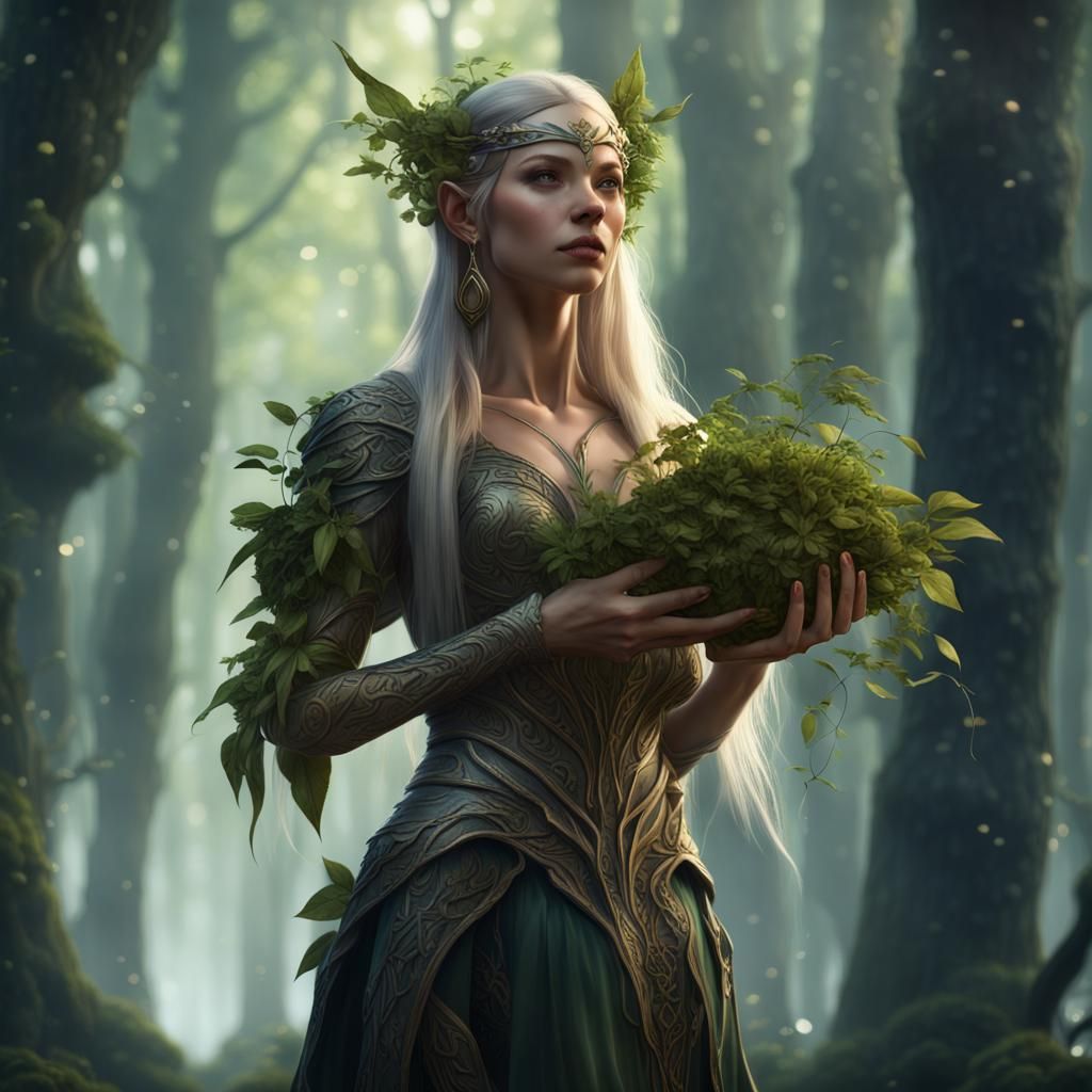 Elven Woman with Plants in Fantasy Forest