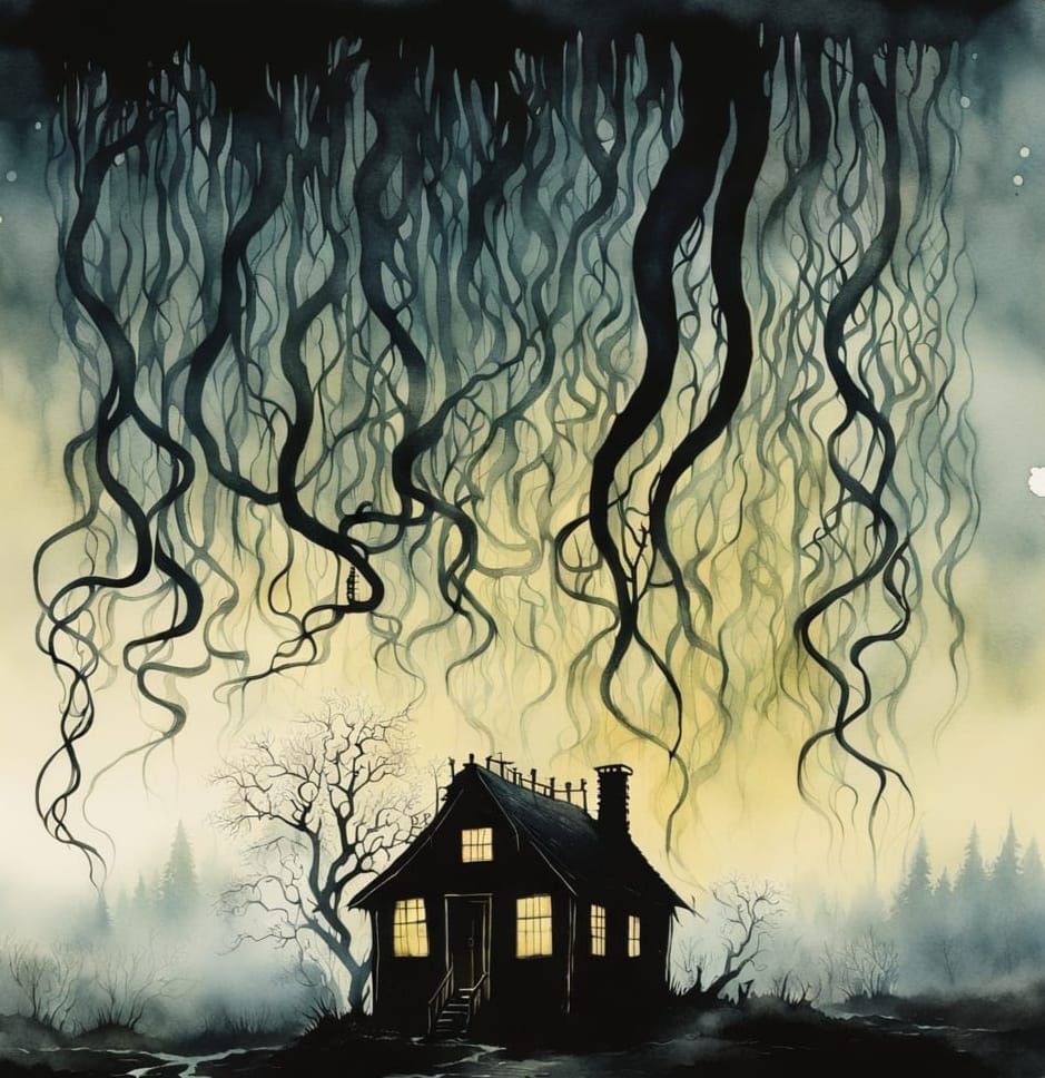 Distressed Eldritch Landscape with Tentacles and Cabin