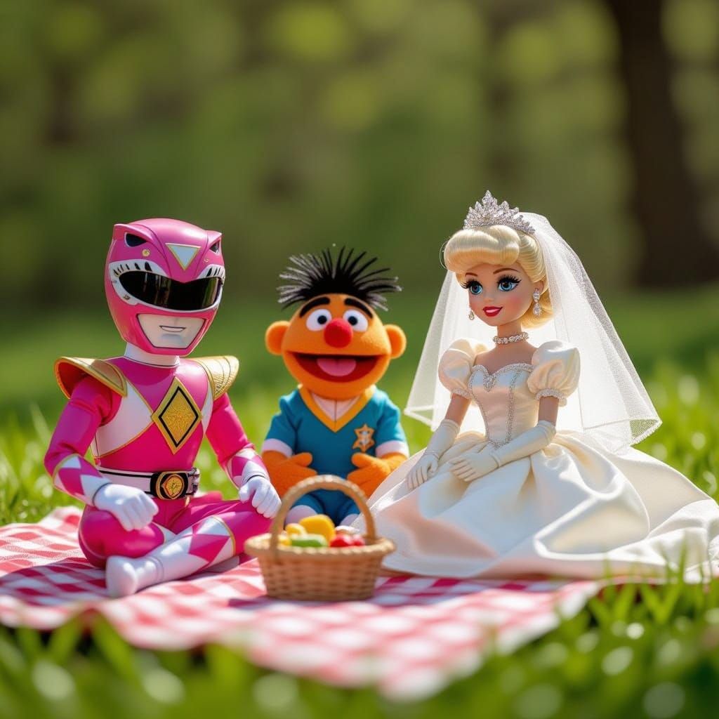 The Pink Mighty Morphin Power Ranger, Bert and Ernie from Sesame Street, and a Madame Alexander bride doll all have a pi...