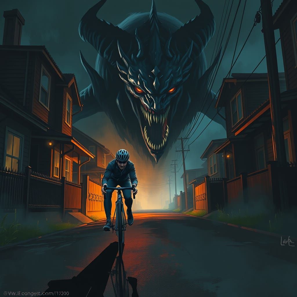 Cyclist Confronts Monster in Dark Concept Art