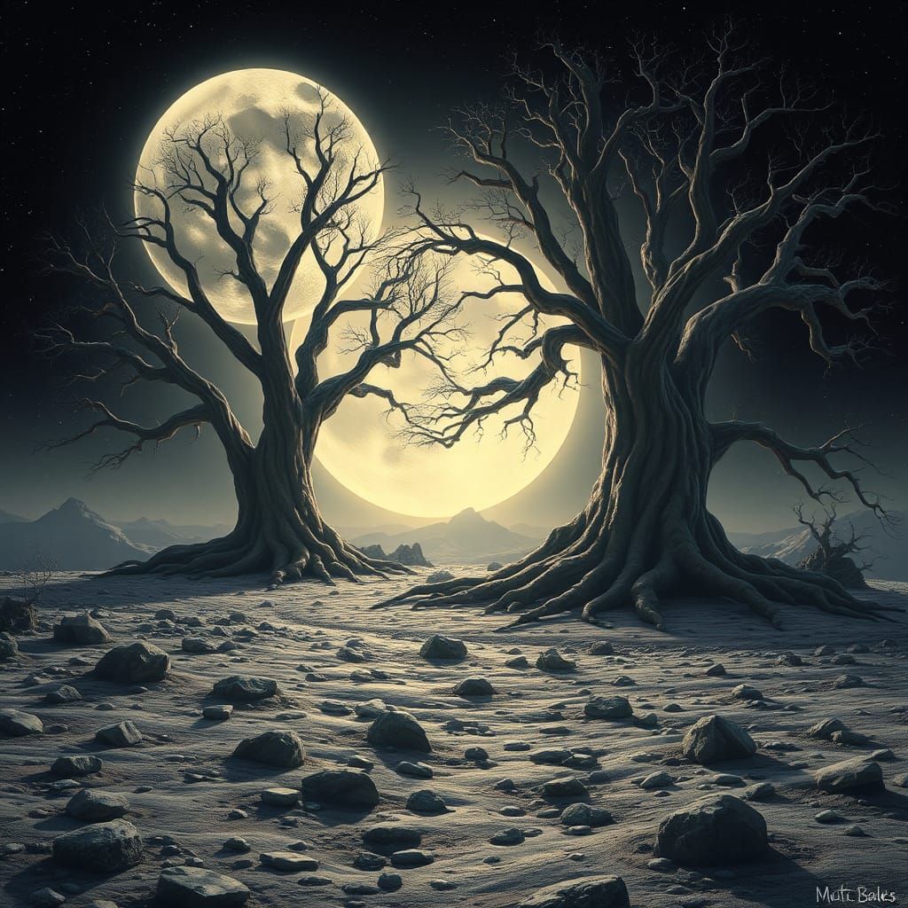 Ethereal Moon Landscape with Giant Trees