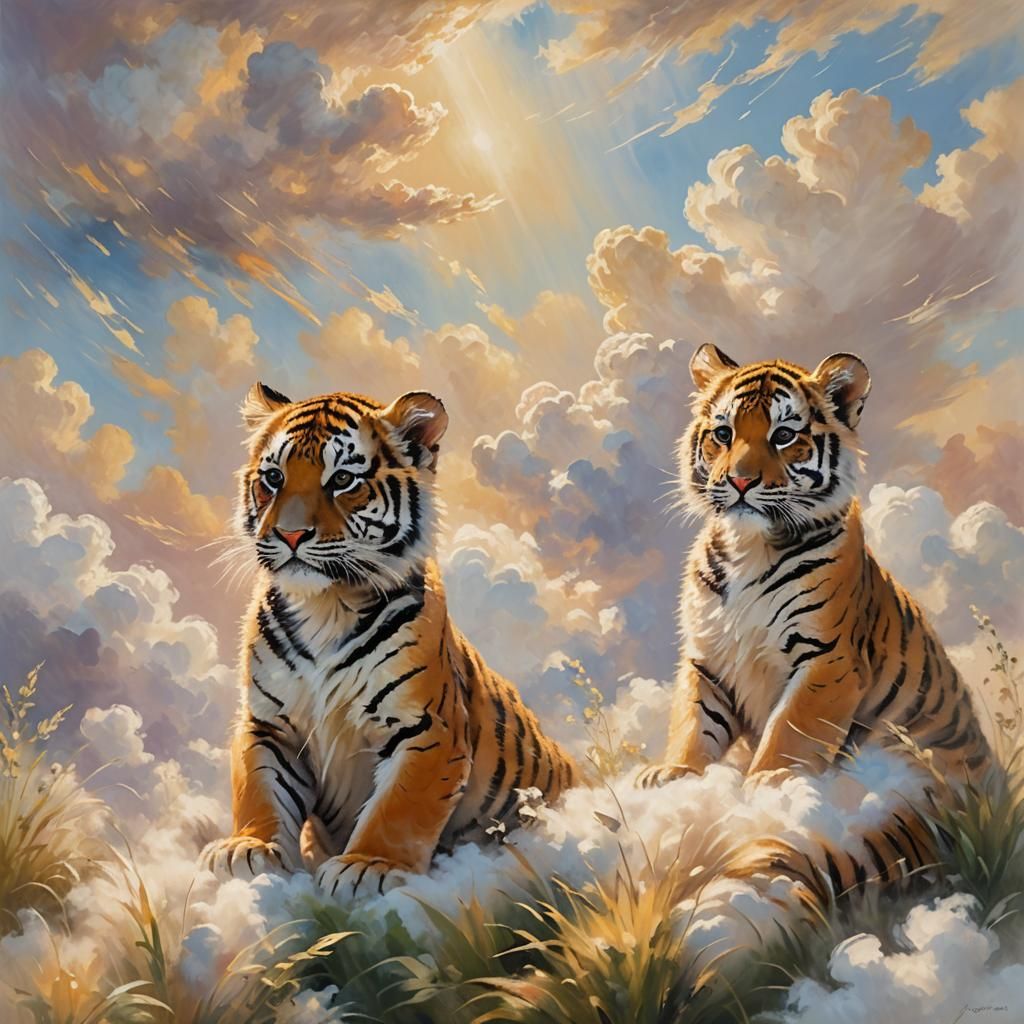 Baby Tigers in Clouds: Impressionist Oil Painting